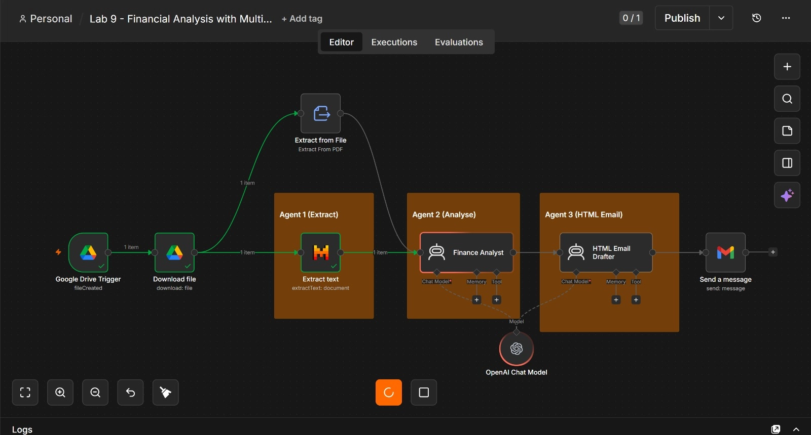 n8n multi-agent workflow: Google Drive trigger extracts a PDF, three chained AI agents extract, analyse and draft an HTML email report